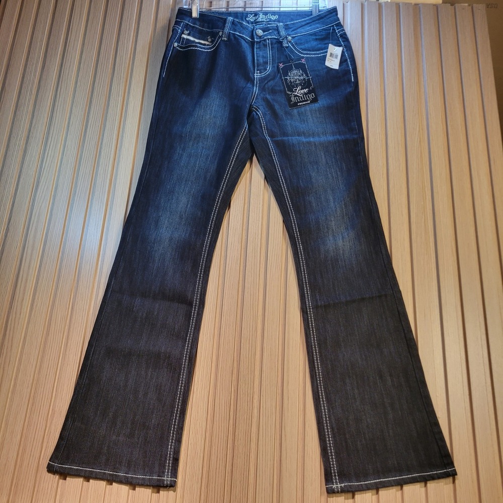 Love Indigo Premium Womens Bootcut Jeans Dark Wash Star Embellished Size 8 NWT